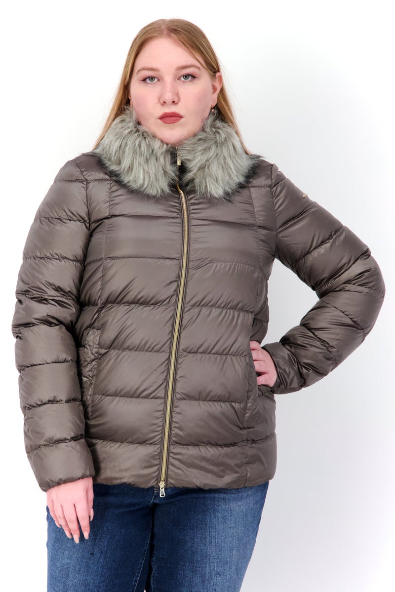 GEOX Women Faux Fur Puffer Jacket, Taupe - Image 1